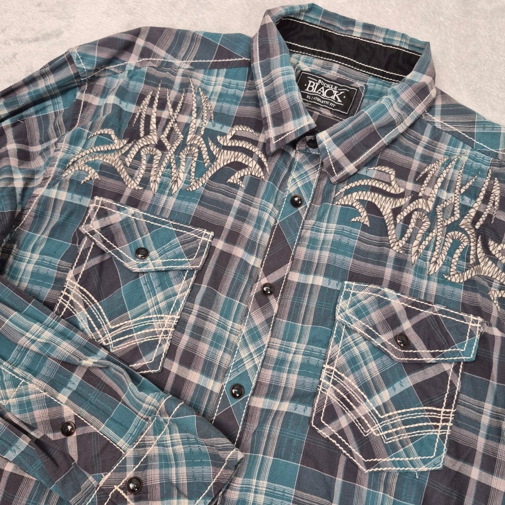 Buckle Black Mens XL Athletic Fit Teal Plaid Embroidered Western Button Up Shirt